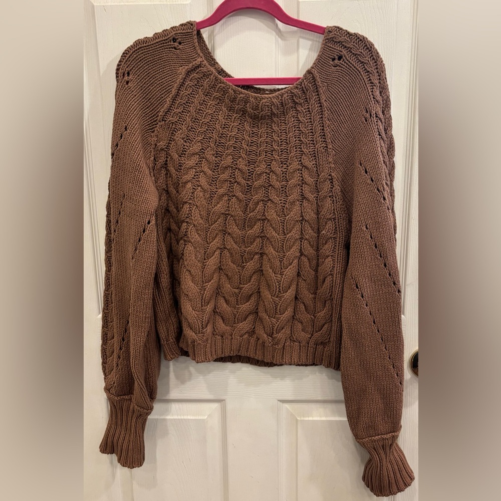 FREE PEOPLE Sandre Slouchy Exaggerated Sleeve Cable Knit Sweater BROWN COLOR -L